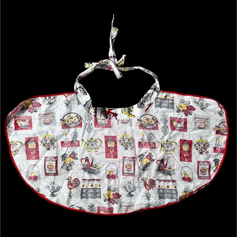 Vintage Handmade Kitchen Apron Pocket Retro Kitschy Red White Yellow Ties
